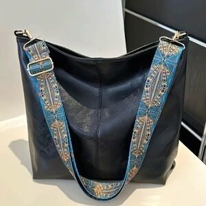 Black Vegan Leather Shoulder Bag Guitar Strap